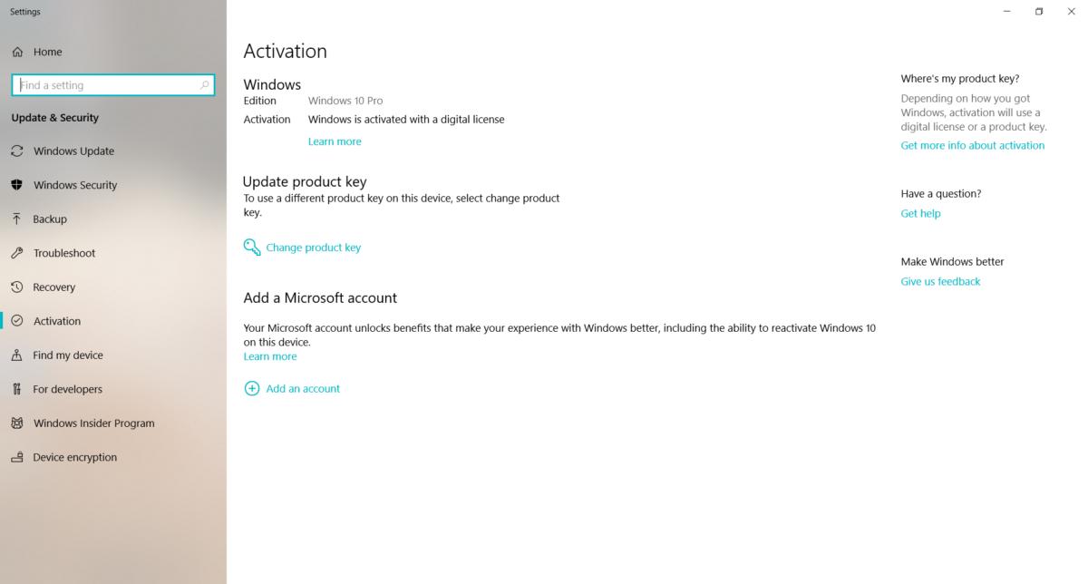 windows 10 activation in settings
