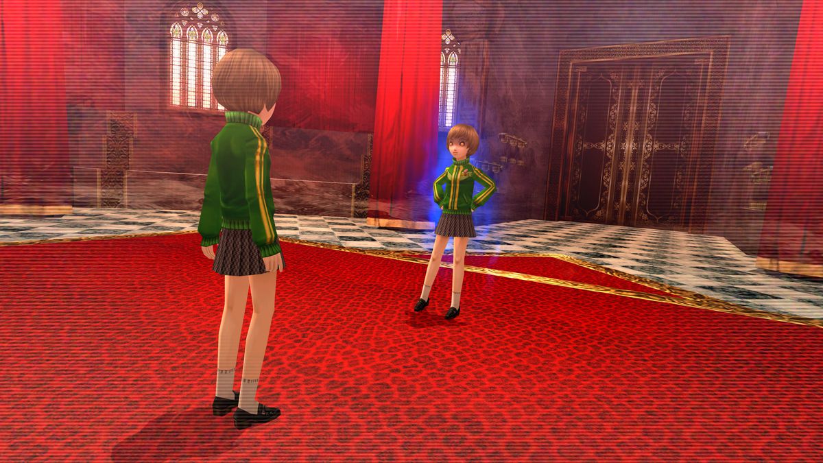 Chie faces her shadow in a lavish room, covered in red leopard print carpet.