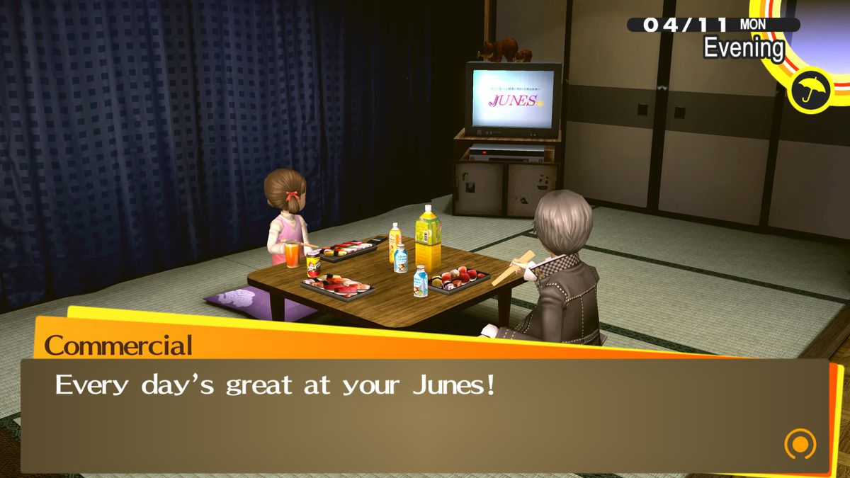 The TV plays “every day is great at your Junes,” while the protagonist and Nanako eat
