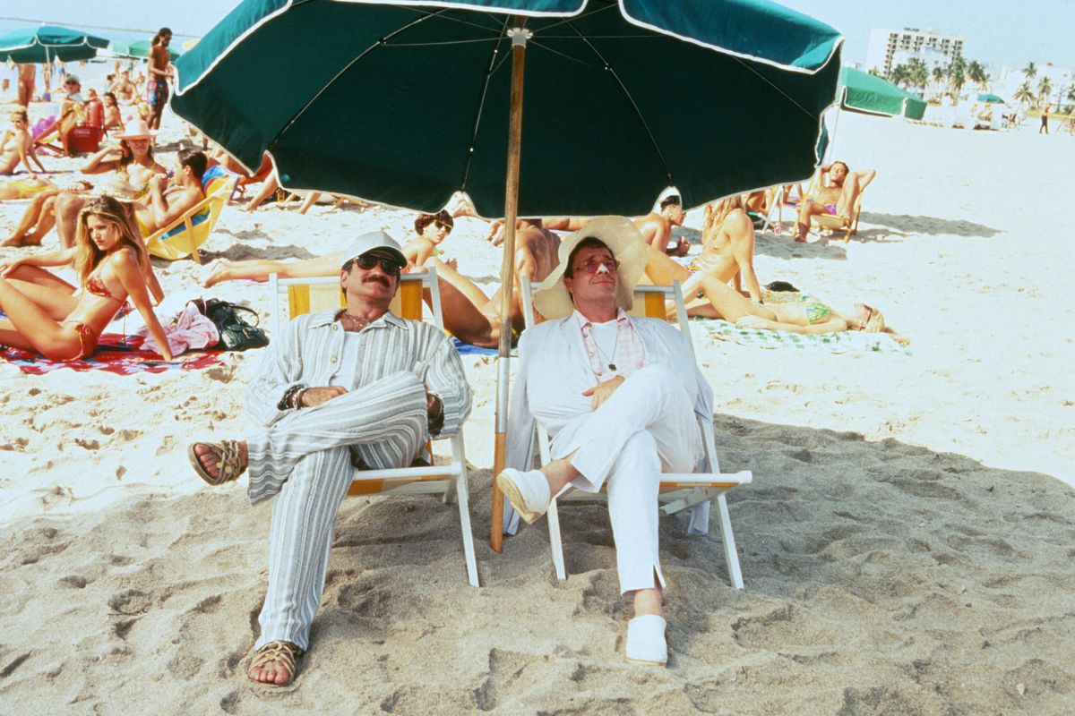 Robin Williams and Nathan Lane relaxing on the beach in The Birdcage.