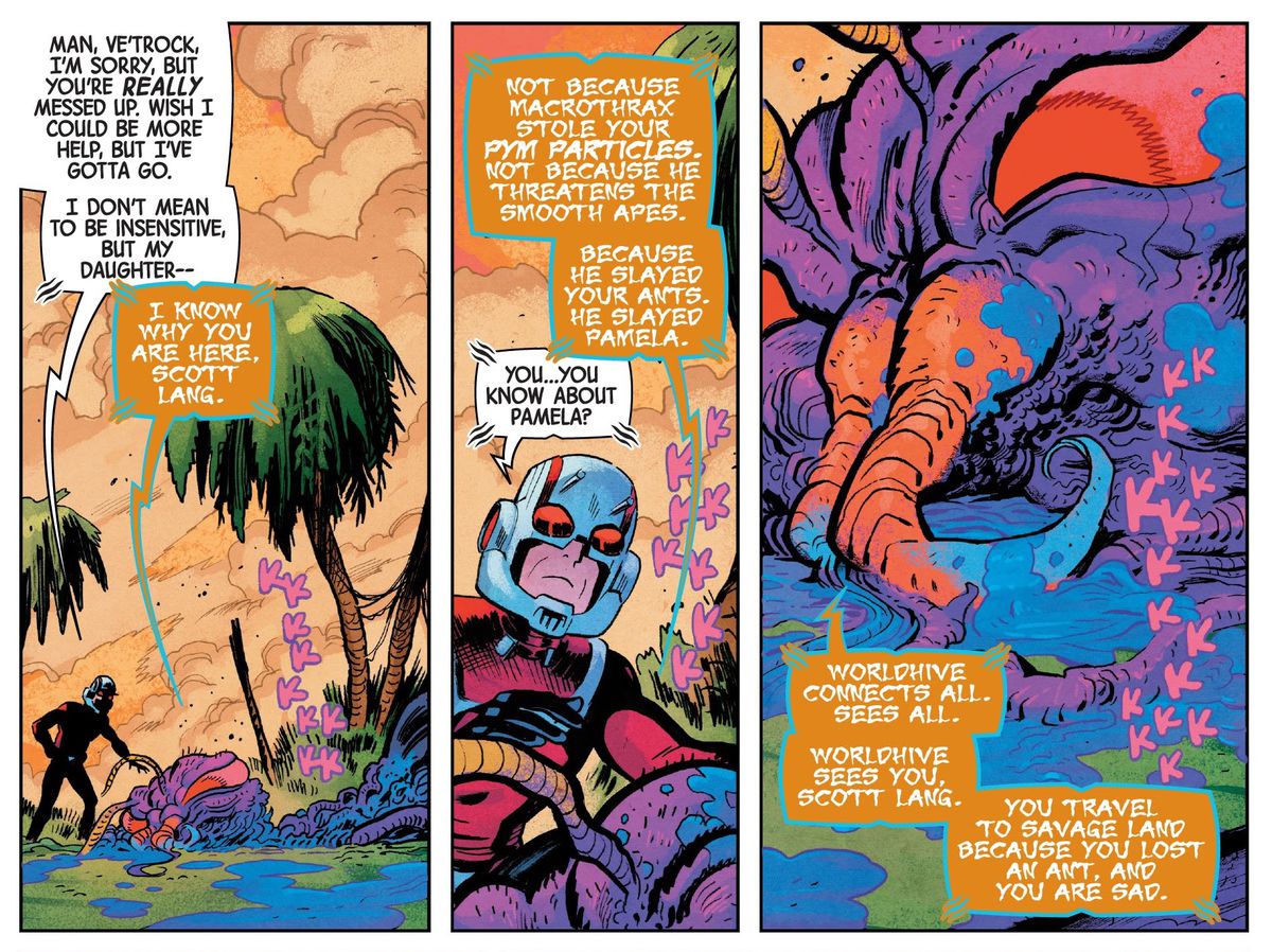 The massive insect, Ve’trock tells Ant-Man that he can see his worthiness from how he reacted to the death of Pamela the Ant, in Ant-Man #5, Marvel Comics (2020). 