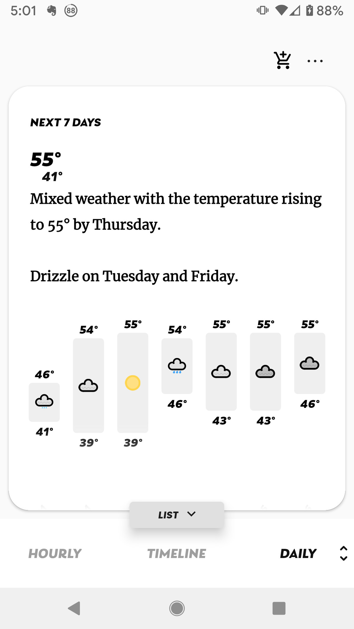 Scroll from left to right at the bottom to see the temperature, “feels like,” precipitation, etc.