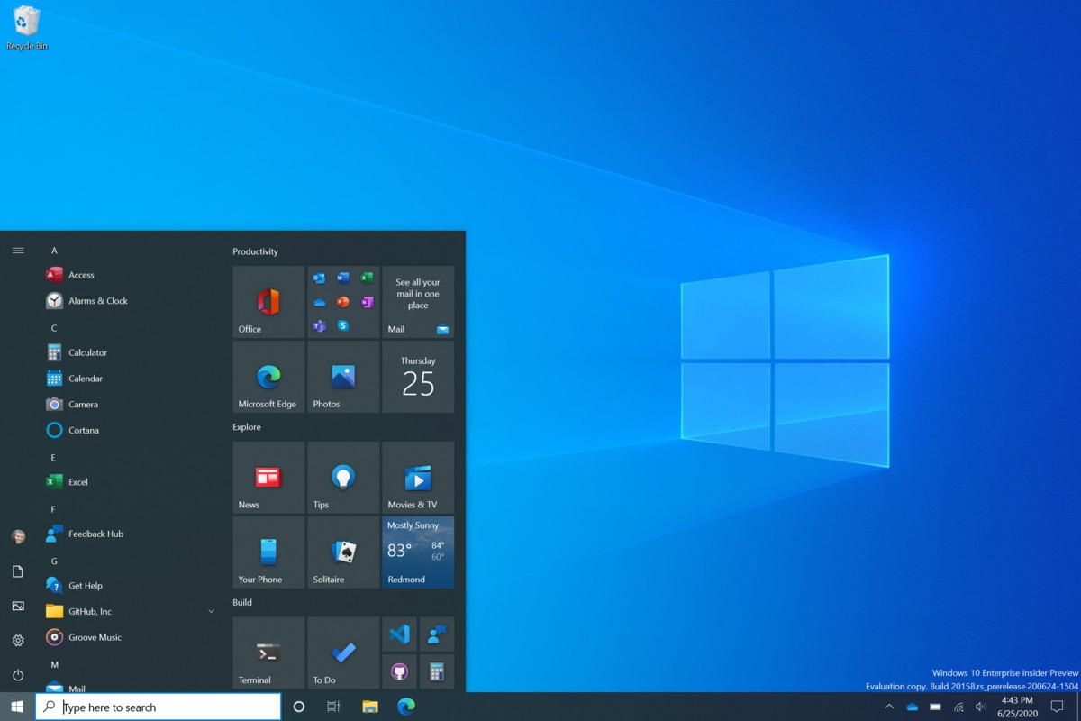 Microsoft windows 10 start menu insider build dark