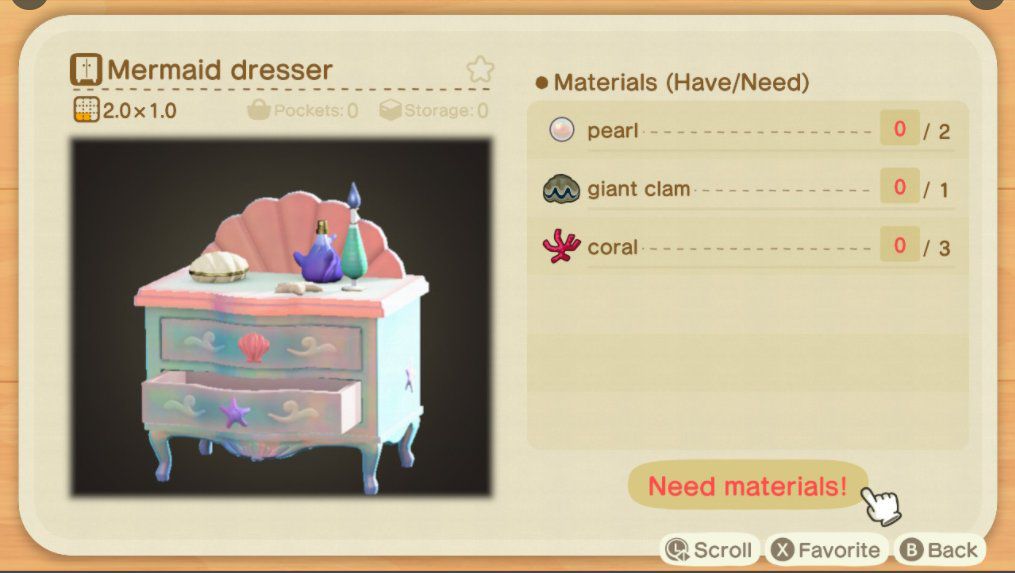 An Animal Crossing recipe for a Mermaid Dresser