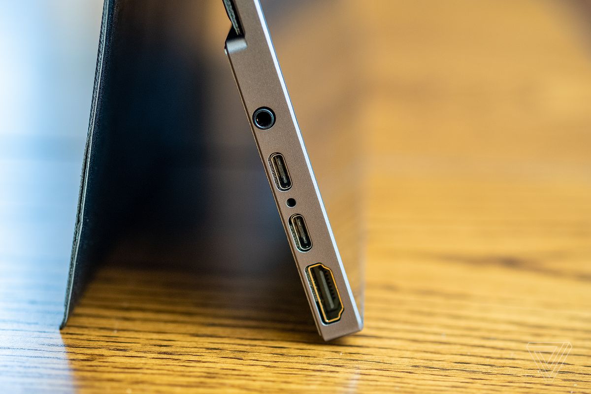Side detail of the Ananta display showing two USB-C ports, an HDMI port, and a 3.5mm headphone jack.