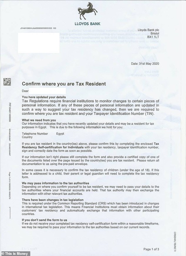 The letter our reader received at the end of May, asking them to update their details as Lloyds believed they were now a tax resident of Egypt
