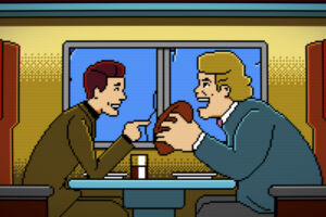 Trip Hawkins and John Madden appear as pixelated characters in one of many montage sequences.