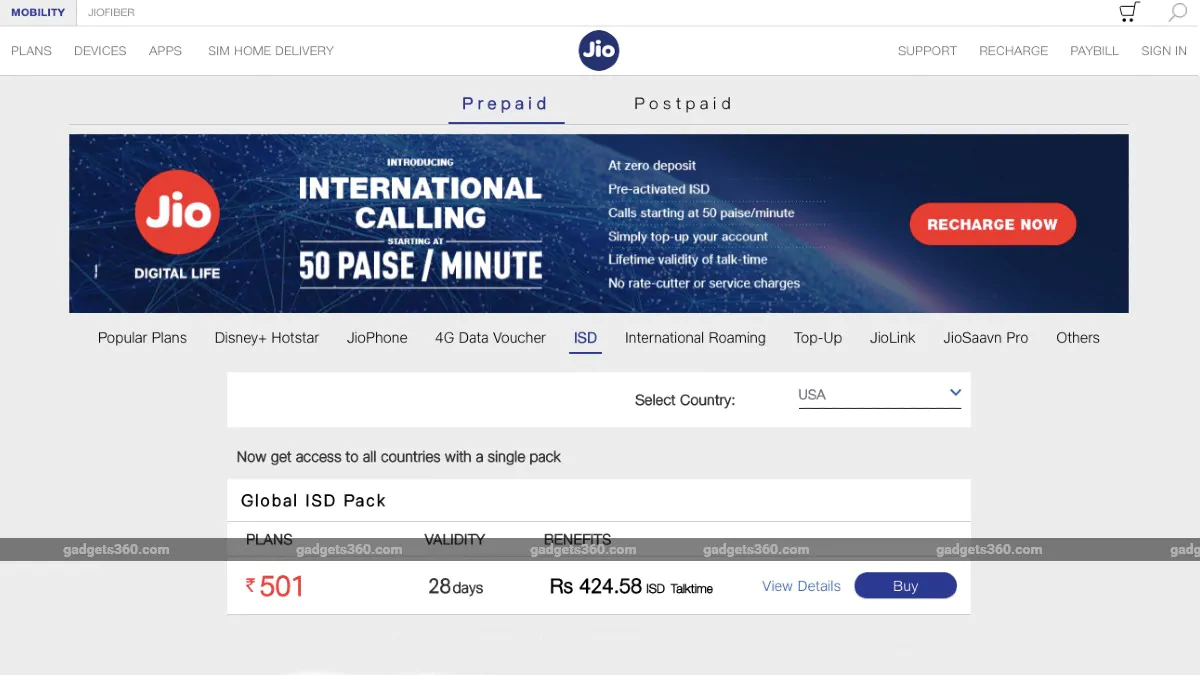 Jio Revises Rs. 501 ISD Recharge Option, Rs. 1,101 and Rs. 1,201 IR Packs Now Come With Reduced Benefits