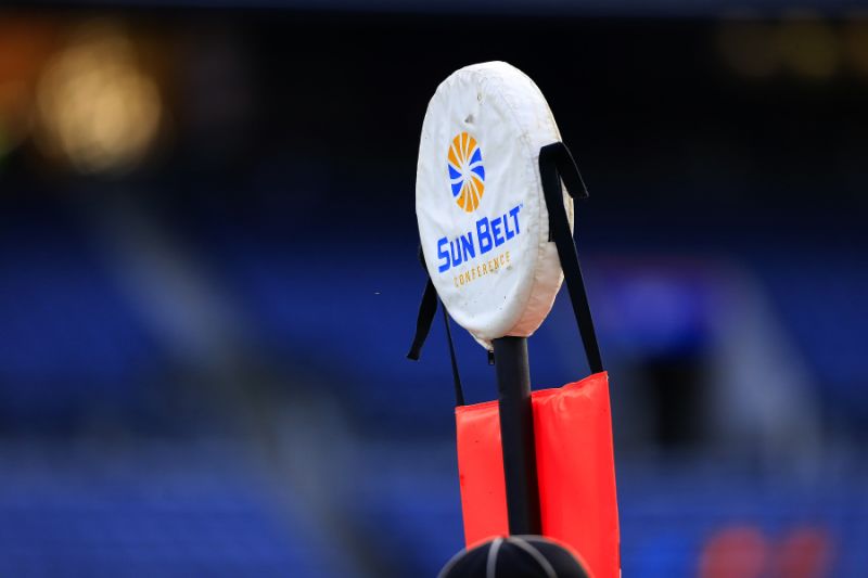 ATLANTA, GA - NOVEMBER 23: A sideline marker with the Sun Belt logo during the college football game between the South Alabama Jaguars and the Georgia State Panthers on November 23, 2019 at Georgia State Stadium in Atlanta, Georgia. (Photo by David John Griffin/Icon Sportswire via Getty Images)