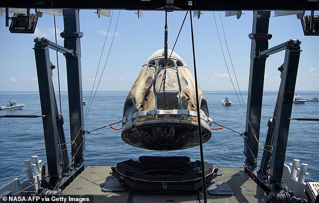 Perfection: The mission was completely successful with the astronauts returning safely to Earth on August 2.  As shown in the photo, the Crew Dragon Capsule has recovered from its submergence in the Gulf of Mexico.