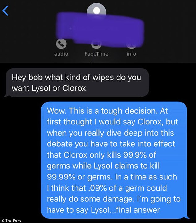 One person wrote a detailed answer to a text message asking for advice on cleaning wipes, revealing that he would choose a product that removes 0.9% more bacteria.