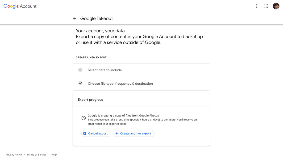 Google will warn you that it may take some time to get a link to your exported files.