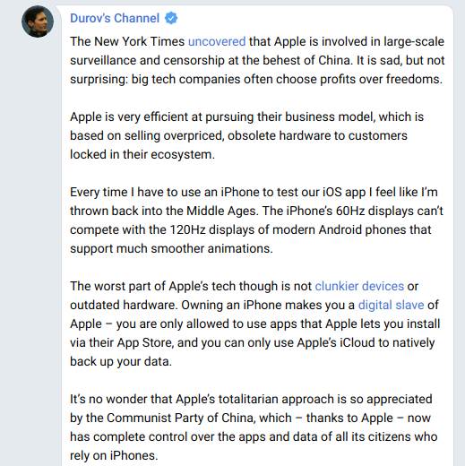 Pavel Durov Apple App Store Critical Telegram Apps Company