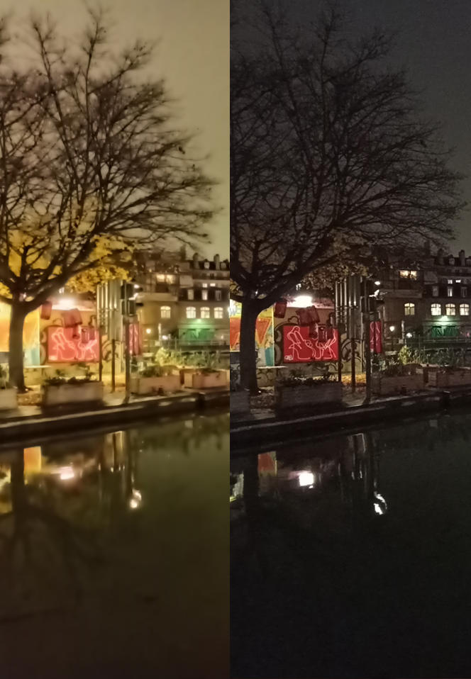 On the right, the Samsung's ultra-wide angle captures much cleaner night images than the Realme (on the left).