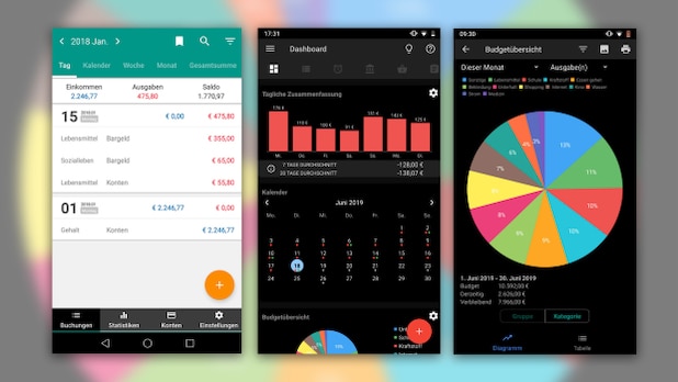 Money Manager (left) and Bluecoins (center, right) bring all the important functions to the smartphone.