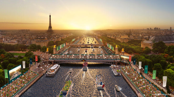 Artist's impression of the parade down the Seine during the opening ceremony of the 2024 Olympic Games in Paris.