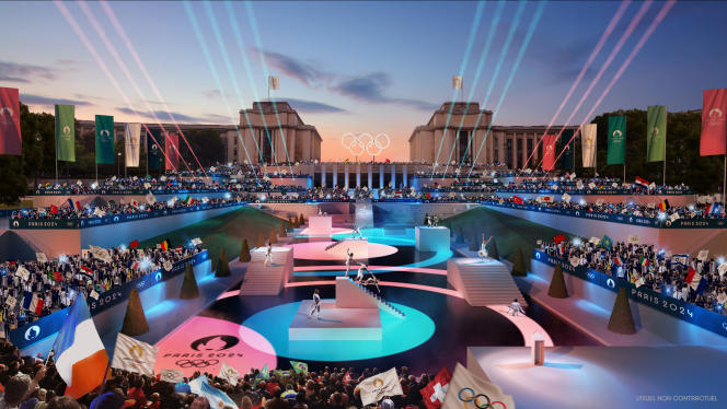 Artist's impression of the opening ceremony of the 2024 Olympic Games at the Trocadéro in Paris.