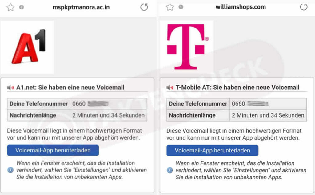 Fake websites of A1 and T-MOBILE with "You have a new voice message"