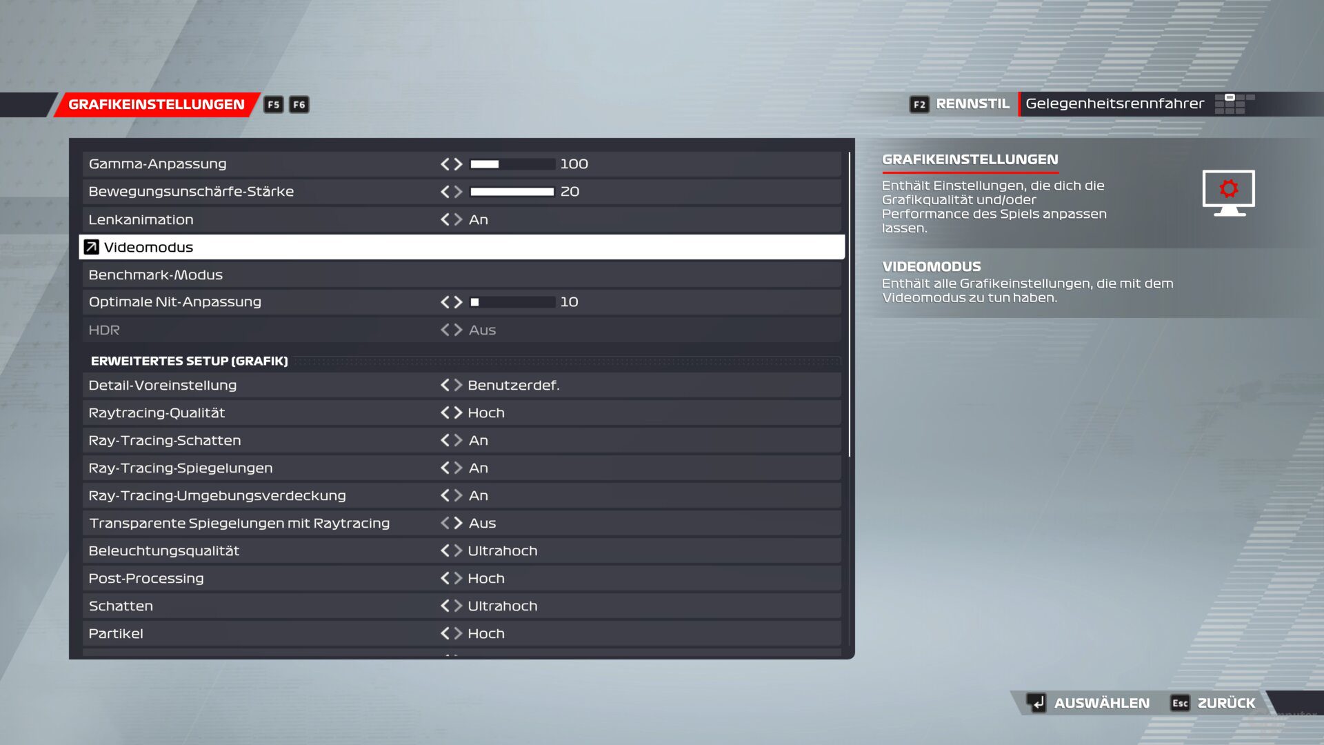 The F1 22 graphics menu