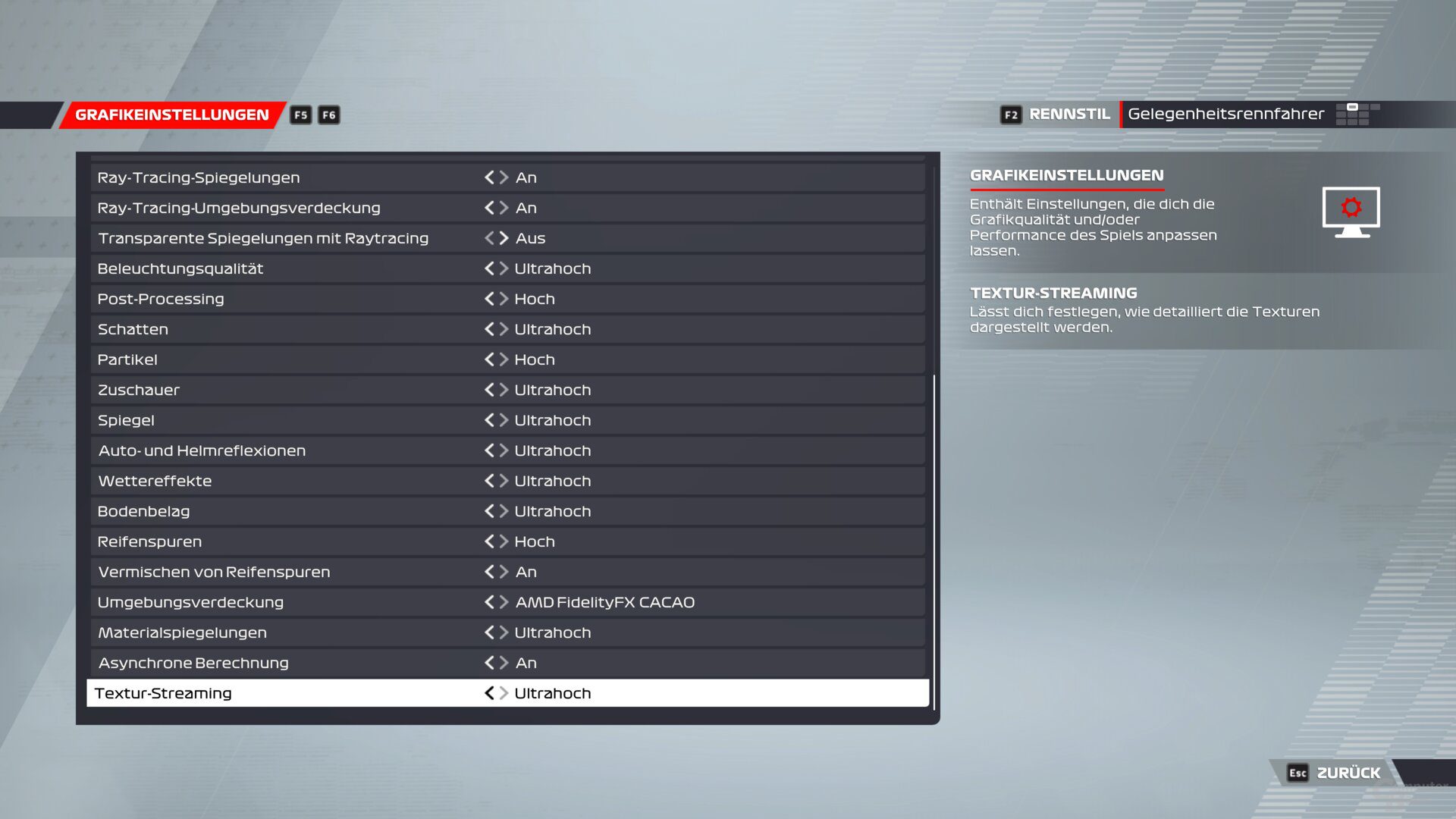 The F1 22 graphics menu