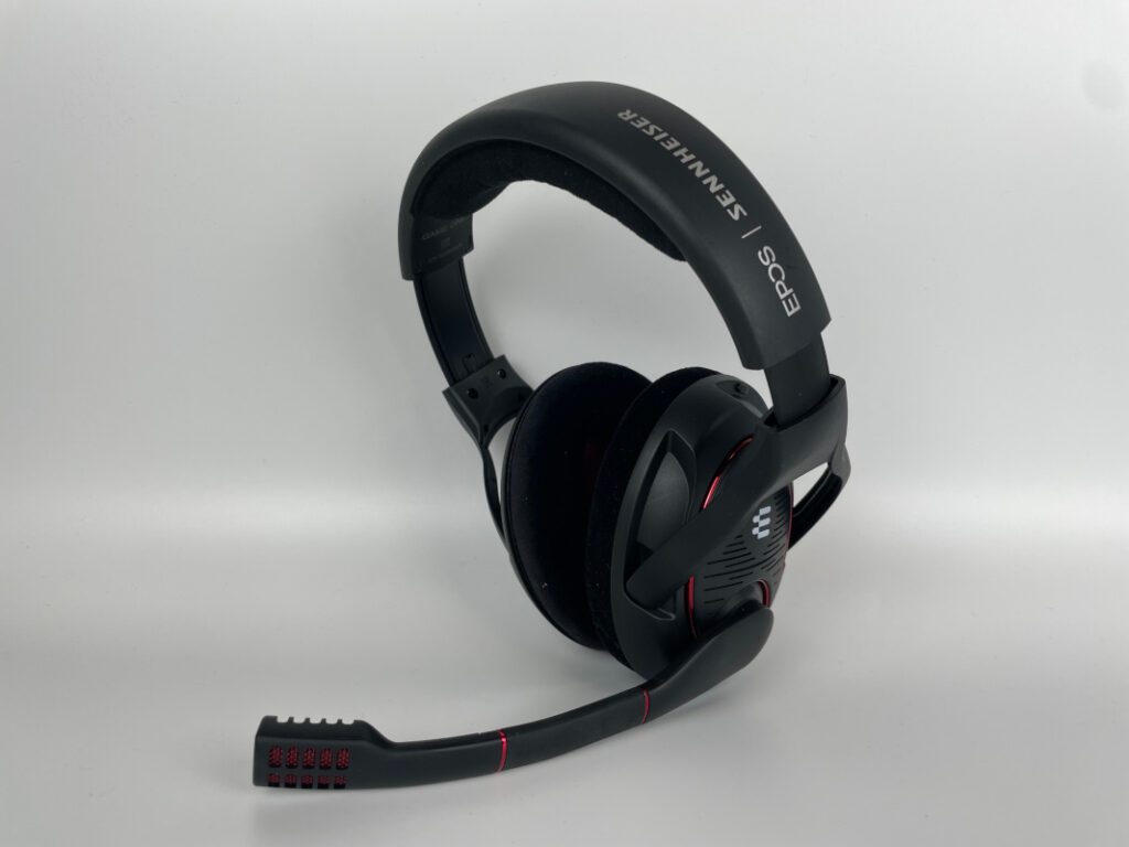 Black Epos Game one gaming headset viewed from the front on a gray background