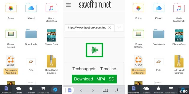 Through iOS file managers like Documents 5, you can use download services like savefrom.net to download videos from Facebook.