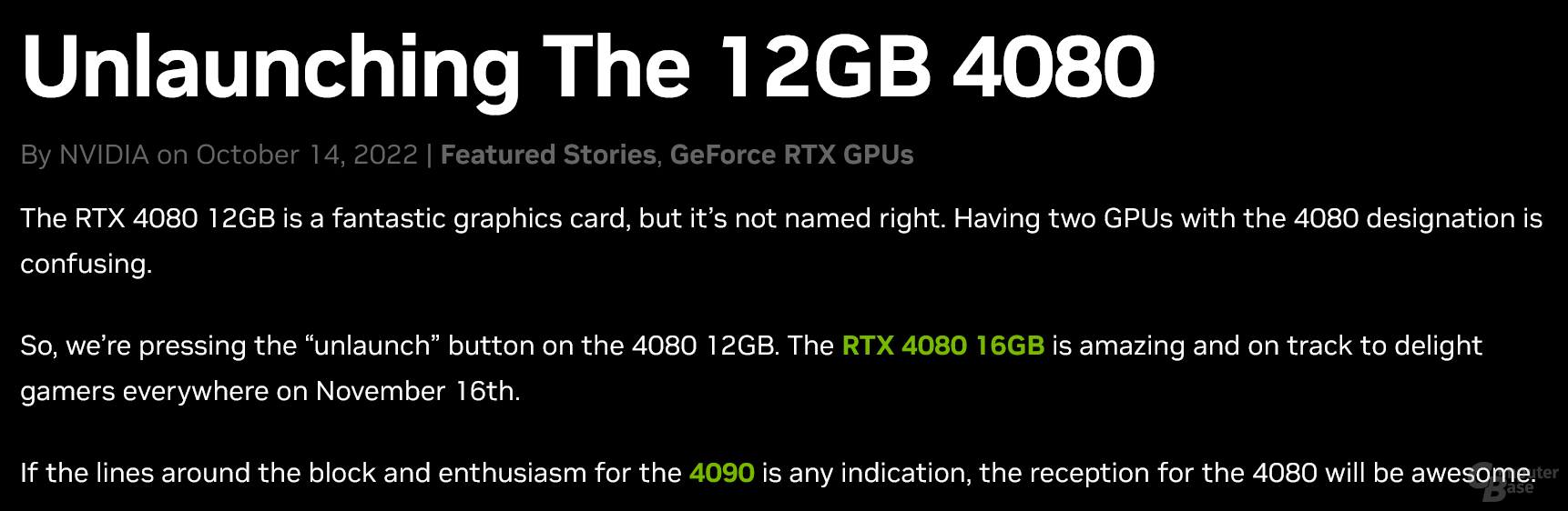 Nvidia officially cancels GeForce RTX 4080 12GB ahead of launch