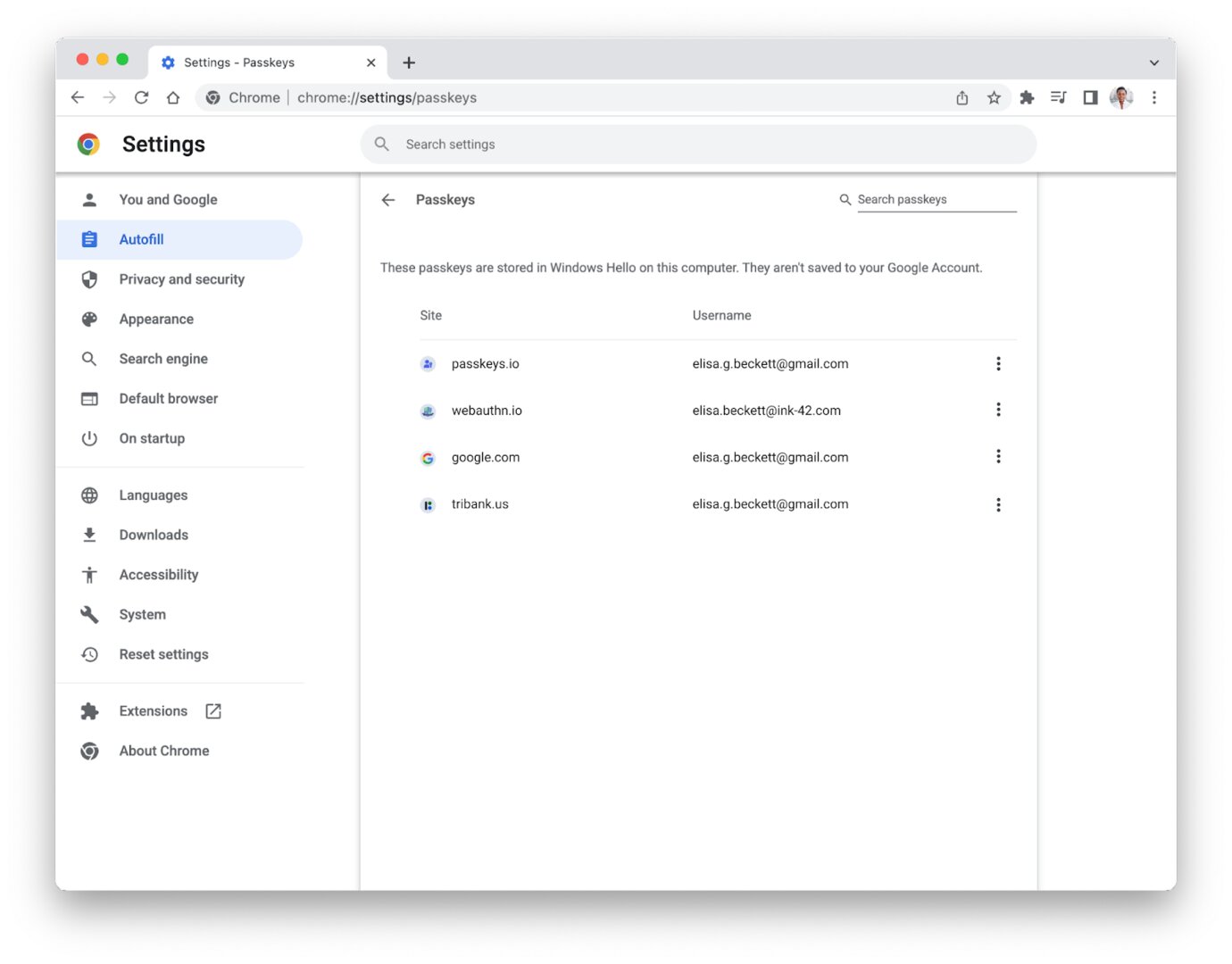 Passkey management in Chrome