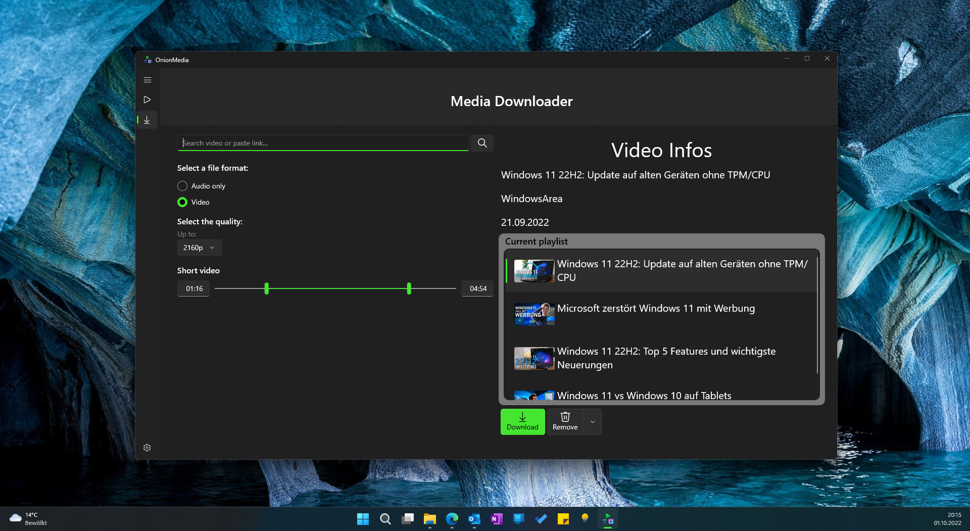 Screenshot of OnionMedia, in the Media Downloader menu item, for downloading YouTube videos on Windows